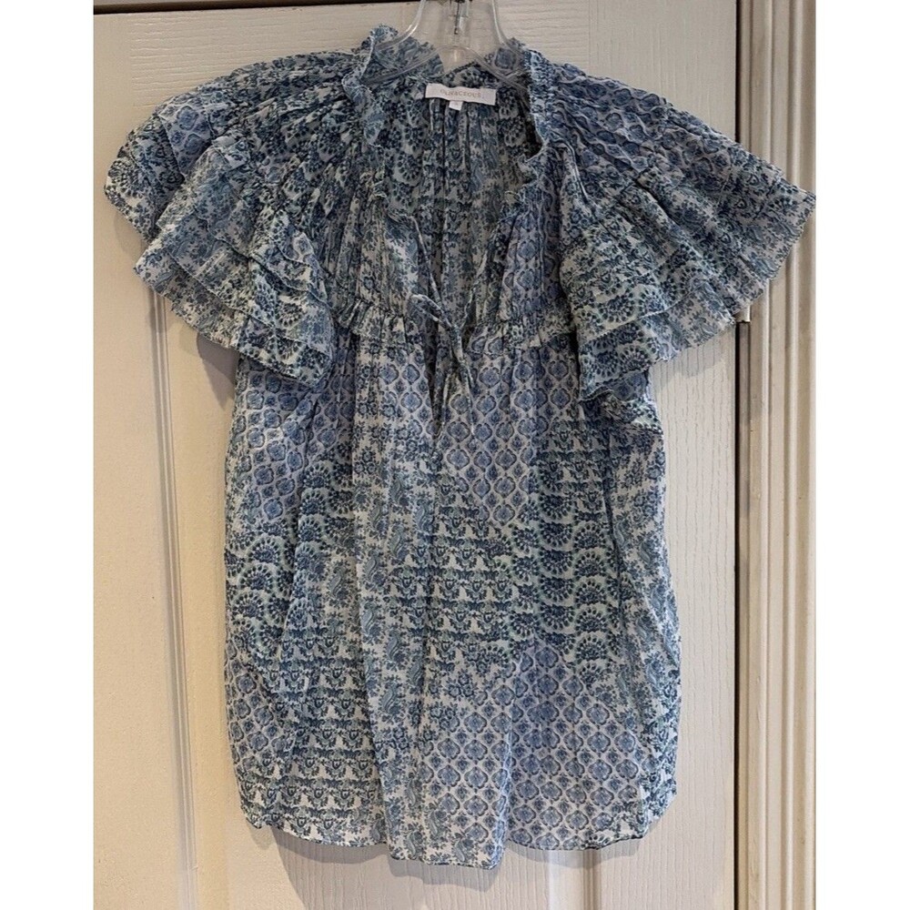 Olivaceous Womens White/Blue Floral Print Ruffle Sleeve Blouse Small